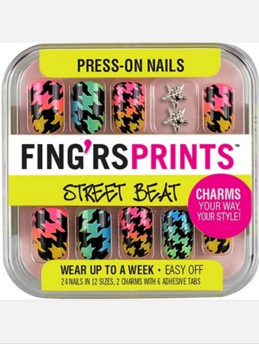 NWT FING'RS PRINTSStreet Beat Kid's Press-On Nails & Charms: HOUNDSTOOTH/⭐️